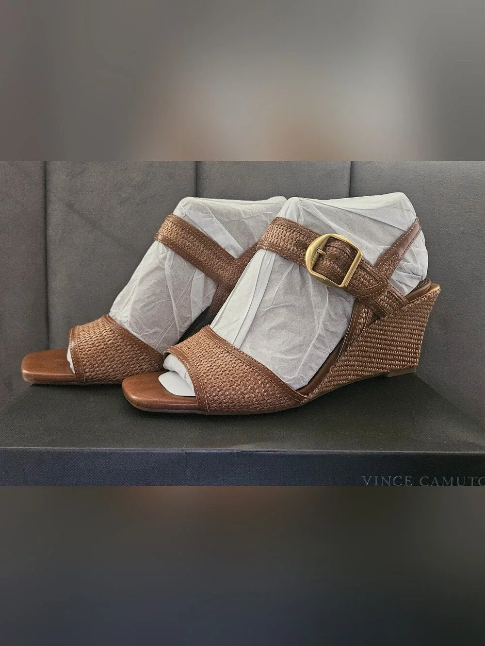 Vince Camuto Helcey Tan Leather/Raffia Slingback Wedge Heel Sandals